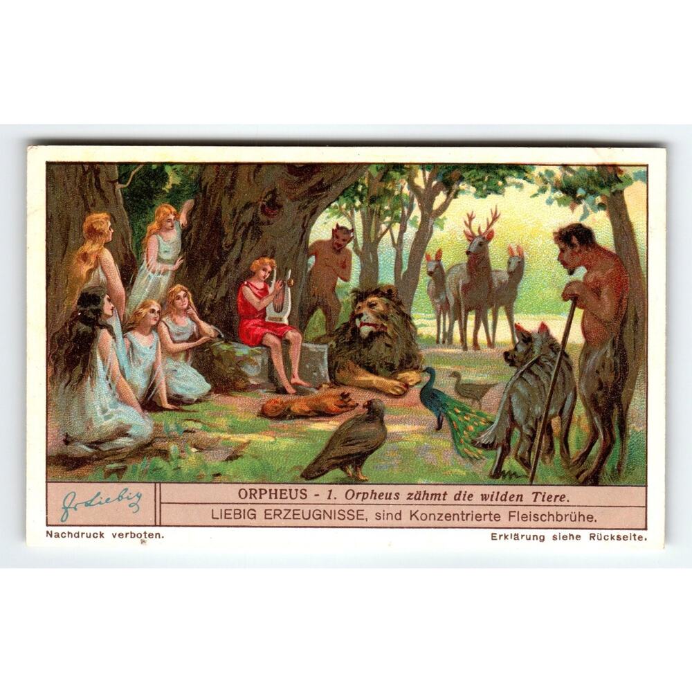 Victorian Liebig Trade Card Orpheus Taming Wild Animals Mythology Art